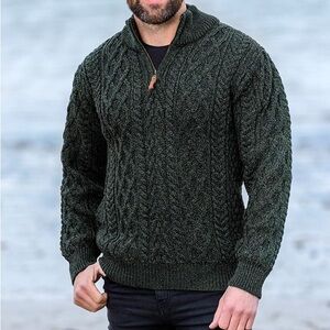 Aran Sweater Market Men's Dark Green Cable Knit Quarter-Zip Sweater